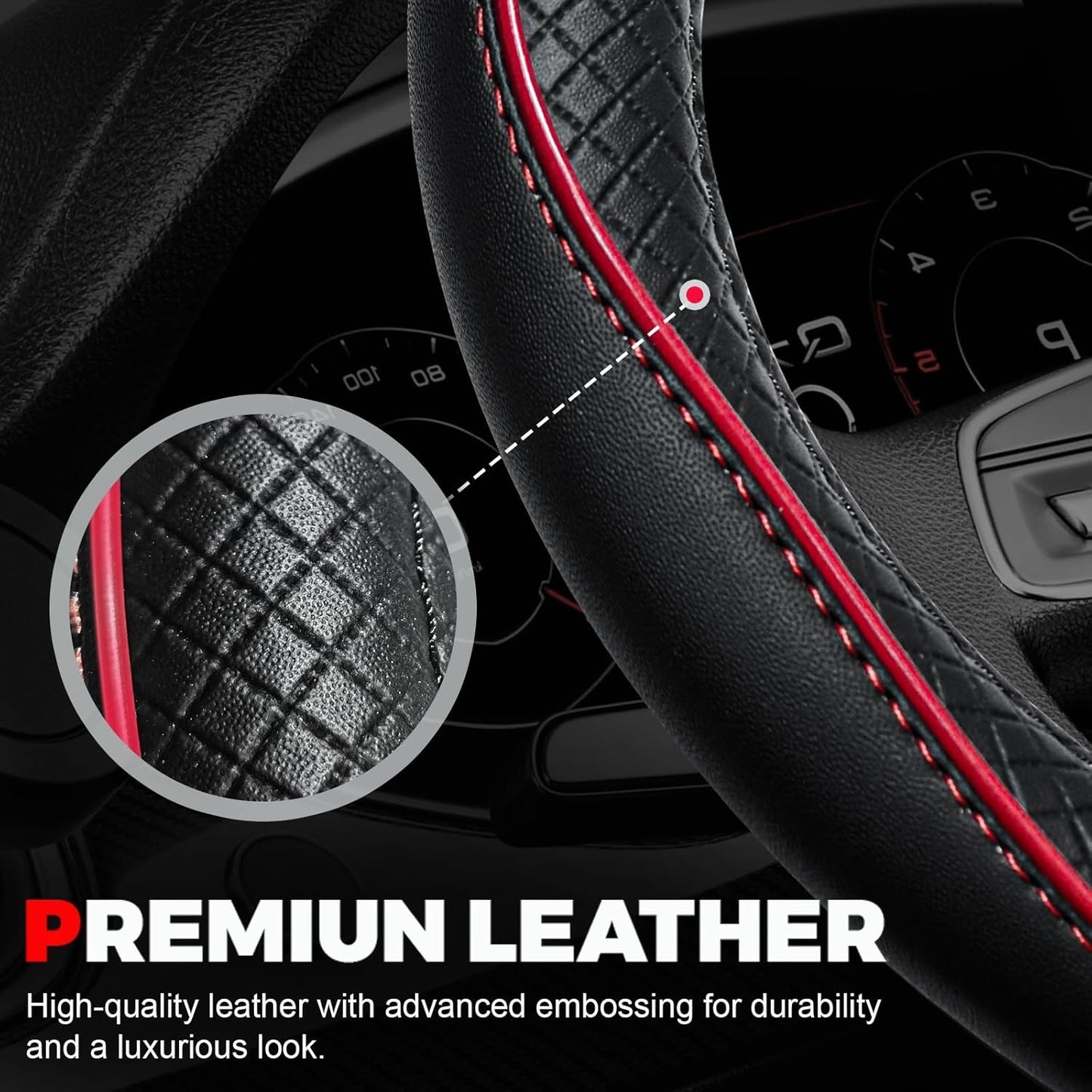 New, Ouzorp Car Steering Wheel Cover, Microfiber Leather Steering Wheel Covers with Anti-Slip Lining, Universal 14.5-15 inchs Black with Red line