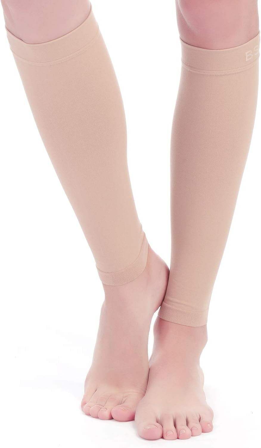 Open Box, BSERA Calf Compression Sleeve Women, 2 Pairs 15-20mmHg Calf Support Footless Compression Socks Stockings for Shin Splints, Varicose Veins, Recovery (Nude/Skin, Small)