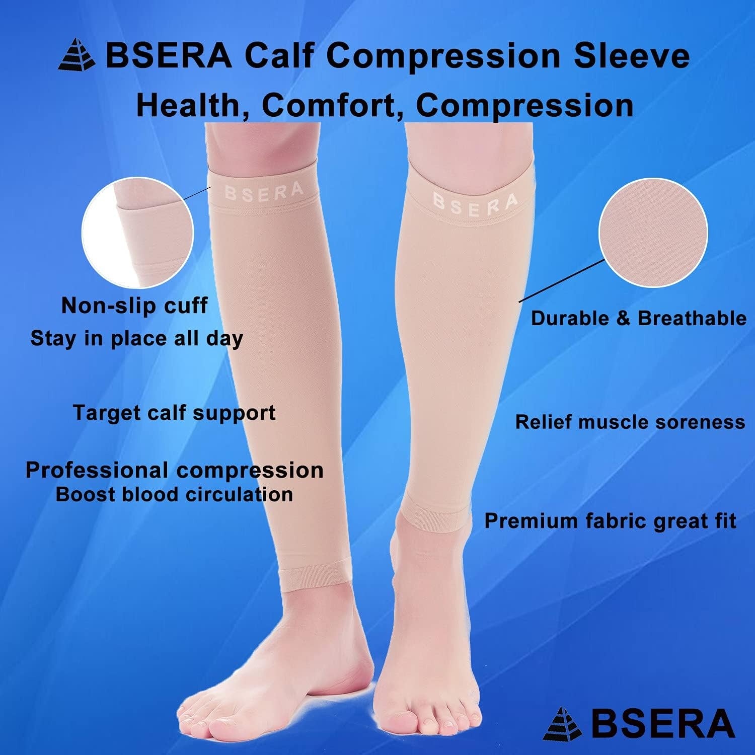 Open Box, BSERA Calf Compression Sleeve Women, 2 Pairs 15-20mmHg Calf Support Footless Compression Socks Stockings for Shin Splints, Varicose Veins, Recovery (Nude/Skin, Small)