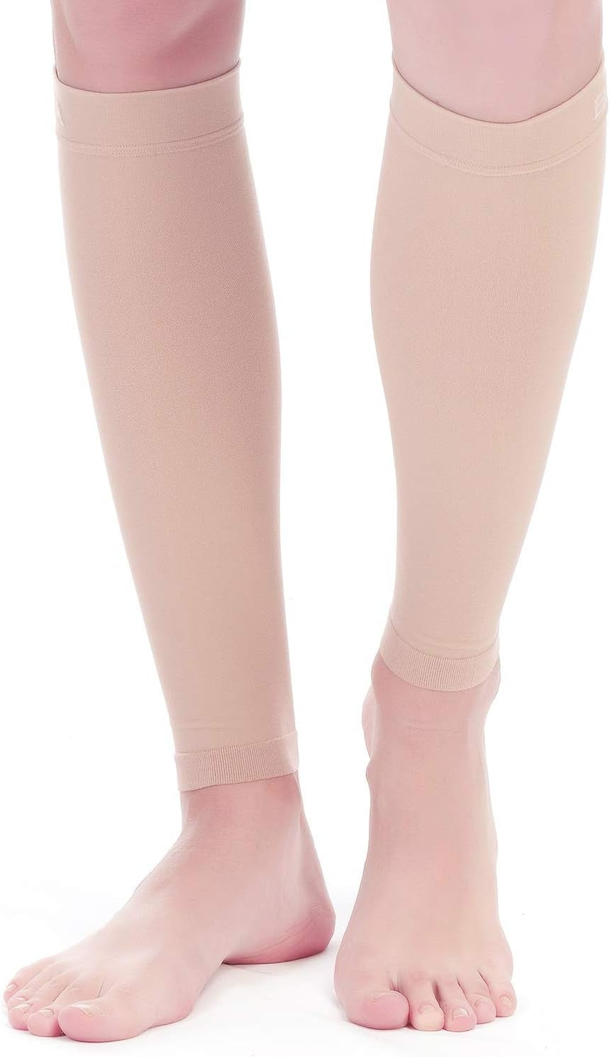 Open Box, BSERA Calf Compression Sleeve Women, 2 Pairs 15-20mmHg Calf Support Footless Compression Socks Stockings for Shin Splints, Varicose Veins, Recovery (Nude/Skin, Small)
