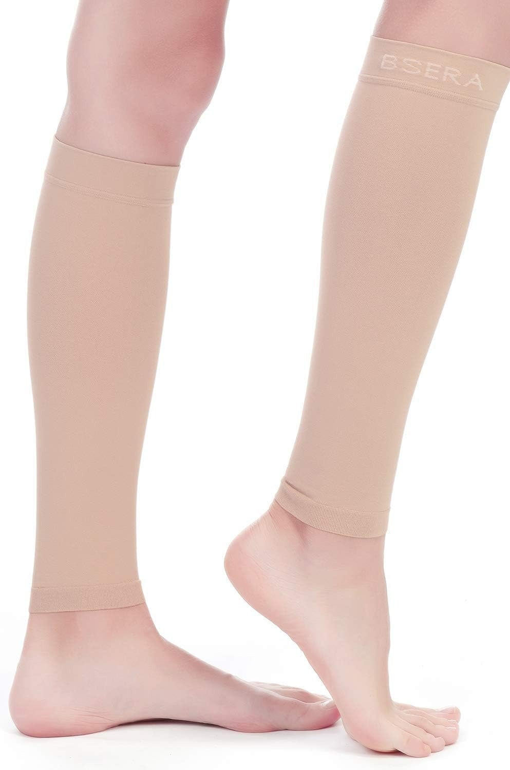 Open Box, BSERA Calf Compression Sleeve Women, 2 Pairs 15-20mmHg Calf Support Footless Compression Socks Stockings for Shin Splints, Varicose Veins, Recovery (Nude/Skin, Small)